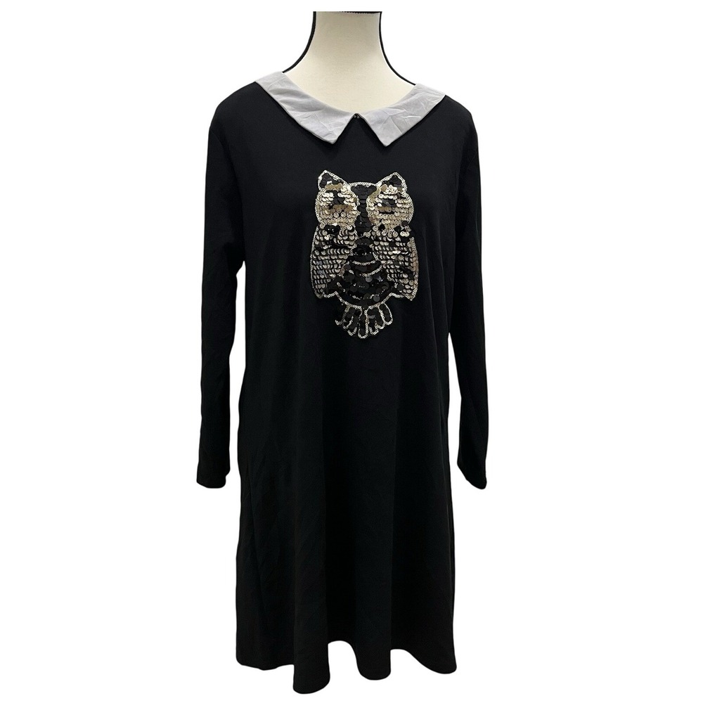 Unbranded Sequin Owl Shift Dress Womens‎ XL Black Peter Pan Collar Long Sleeve
